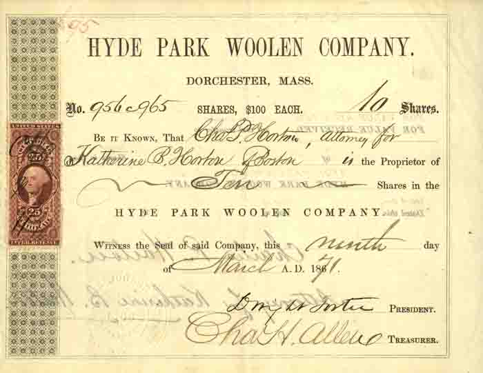 Hyde Park Woolen Co. - Stock Certificate